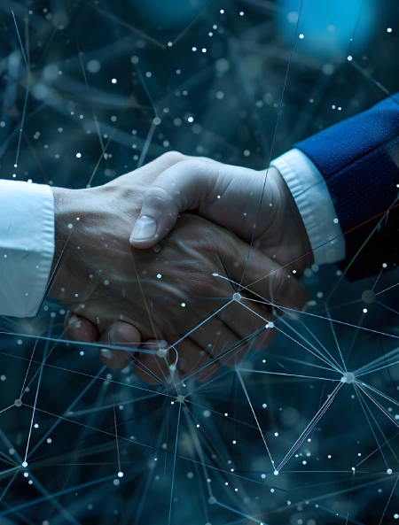 Icon of a handshake symbolizing Plixsy’s strong partnerships and trusted client relationships